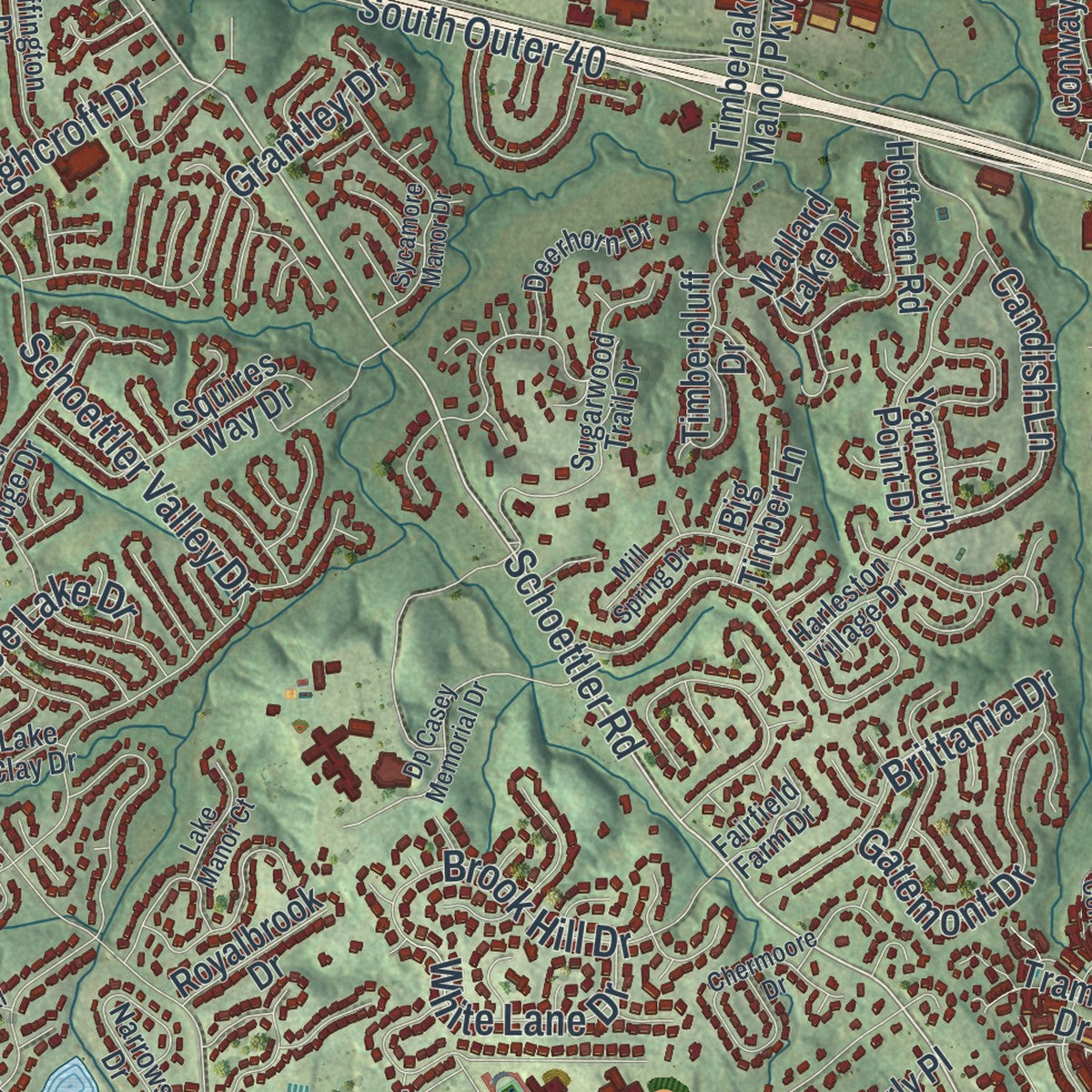 Close-up of the map of Chesterfield, Missouri print showing street and building detail