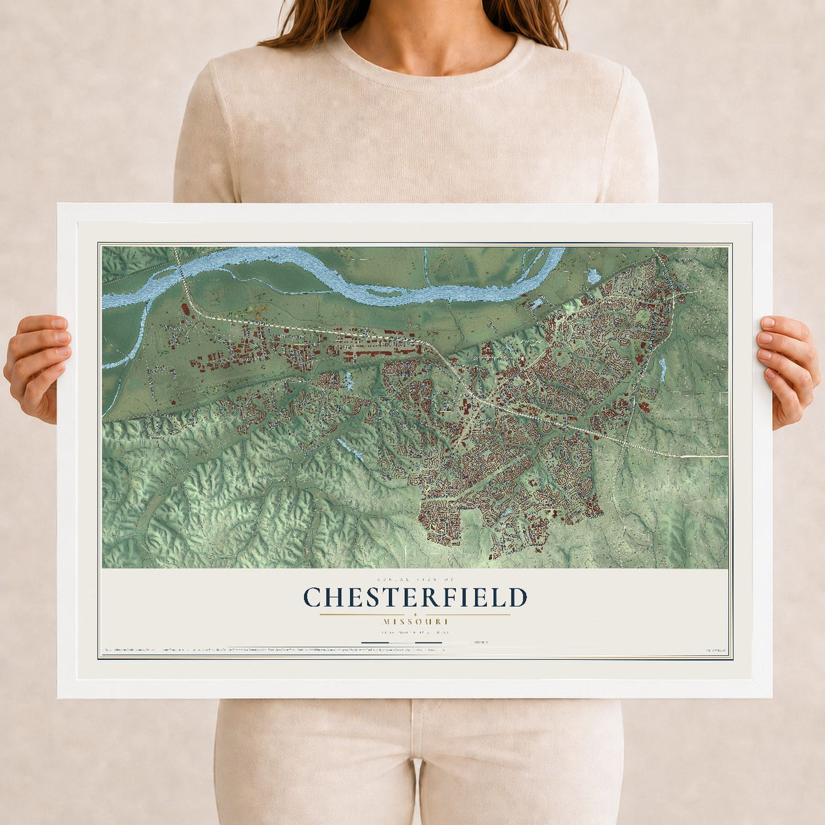 Map of Chesterfield, Missouri, 12 x 18 inch print in a white wood frame