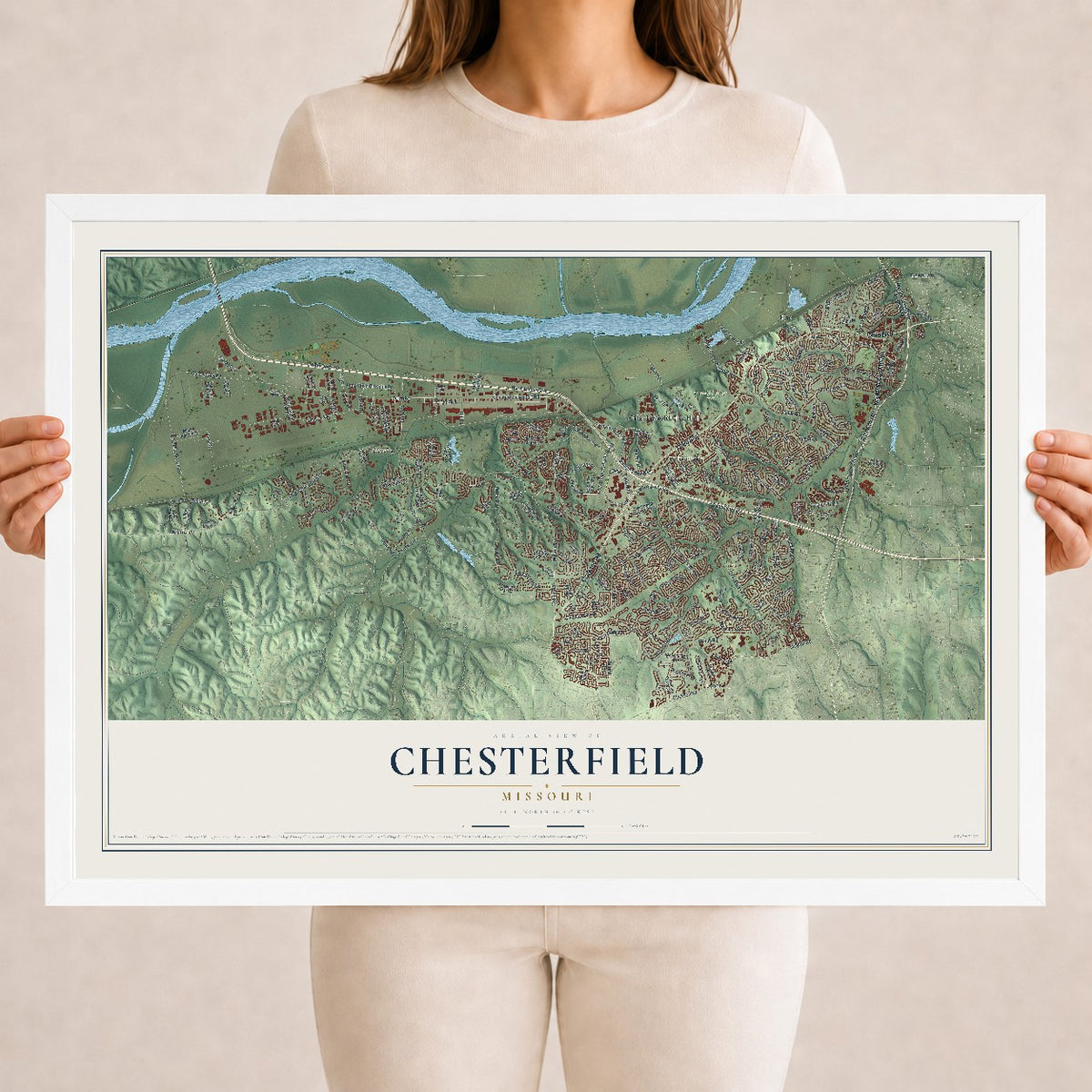 Map of Chesterfield, Missouri, 18 x 24 inch print in a white wood frame