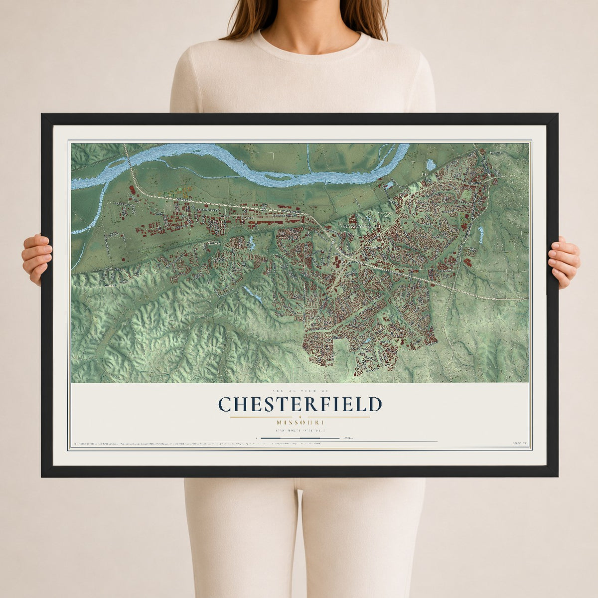 Map of Chesterfield, Missouri, 24 x 36 inch print in a black wood frame