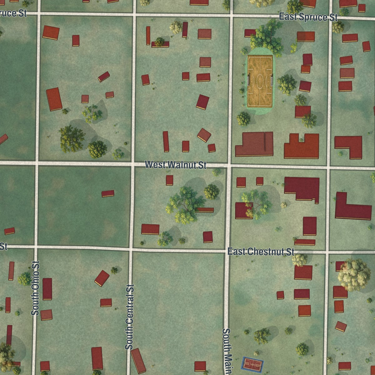 Close-up of the map of Chilhowee, Missouri print showing street and building detail