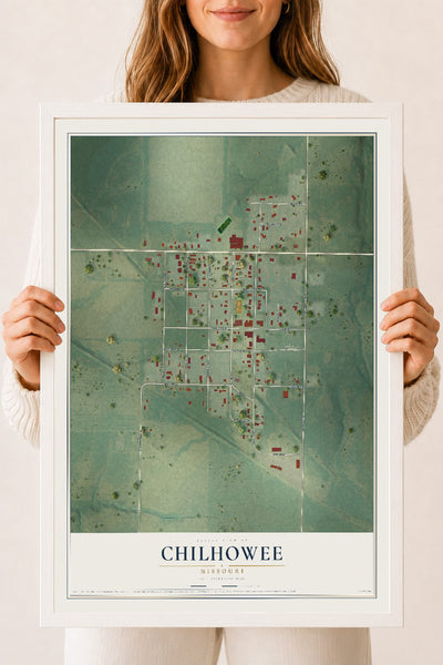 Map of Chilhowee, Missouri, 18 x 24 inch print in a white wood frame