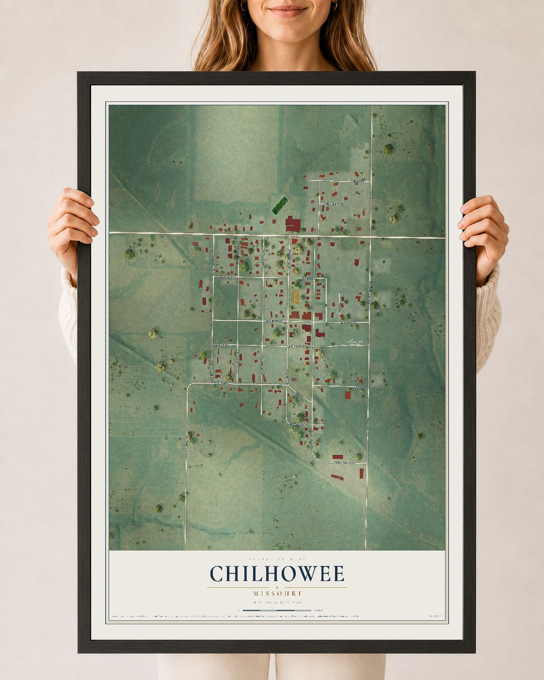 Map of Chilhowee, Missouri, 24 x 36 inch print in a black wood frame