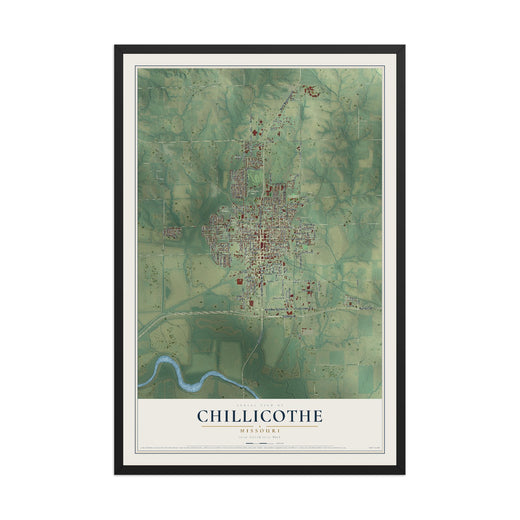 Map of Chillicothe, Missouri, 12 x 18 inch print in a black wood frame
