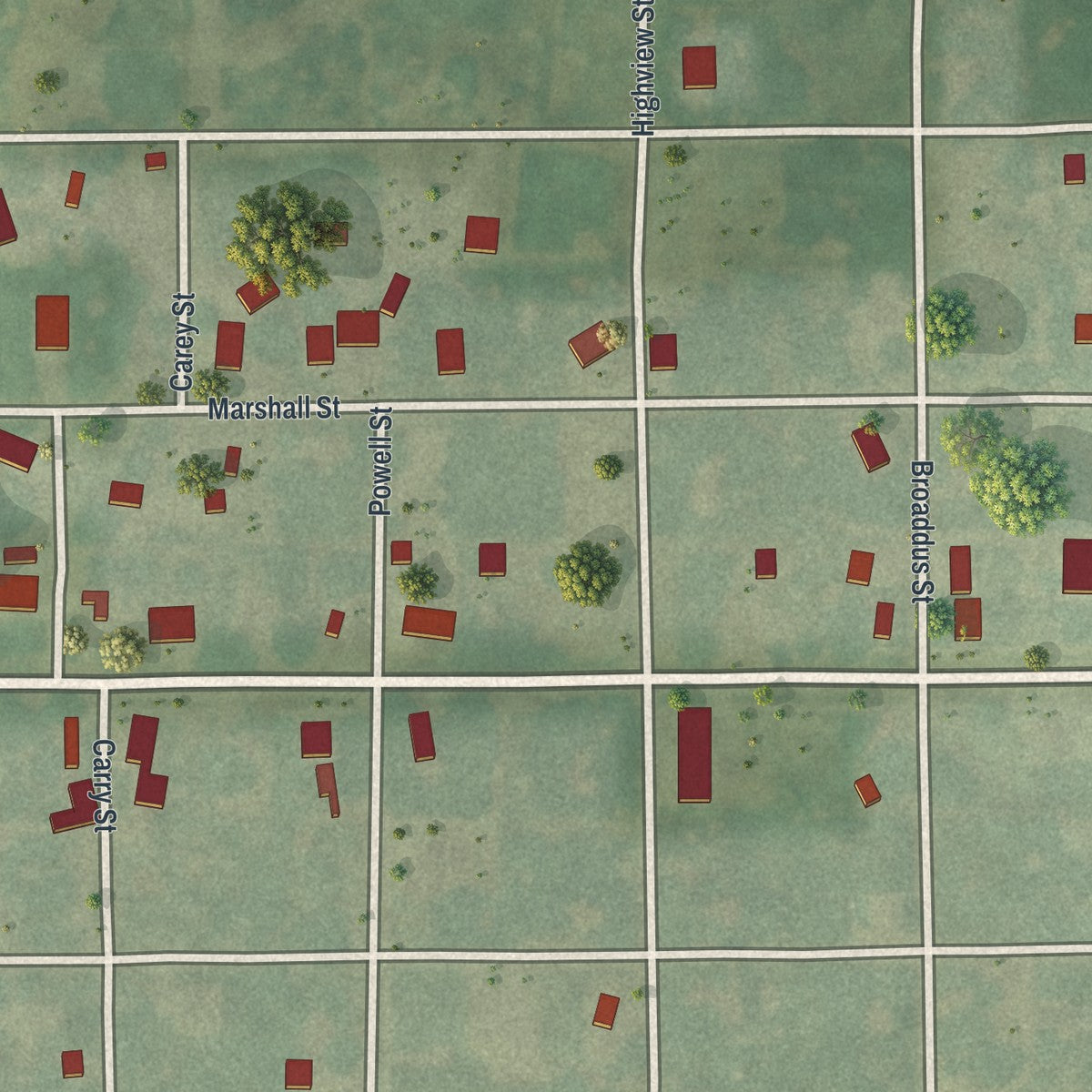 Close-up of the map of Chula, Missouri print showing street and building detail