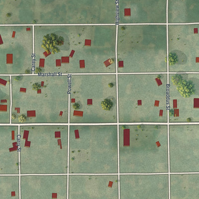 Close-up of the map of Chula, Missouri print showing street and building detail