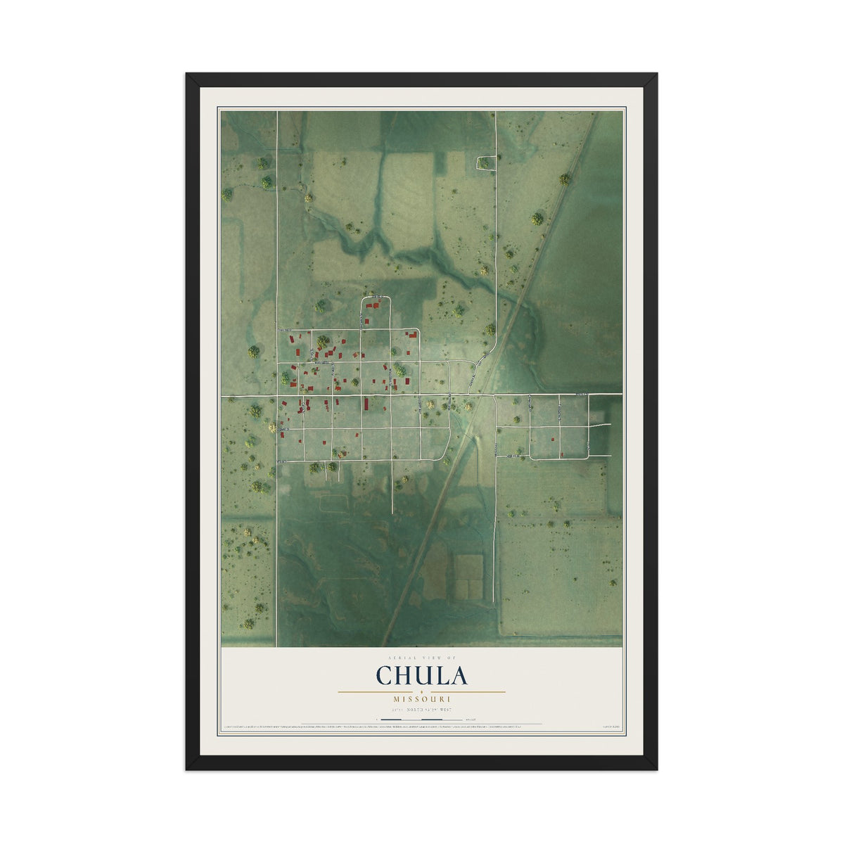 Map of Chula, Missouri, 12 x 18 inch print in a black wood frame