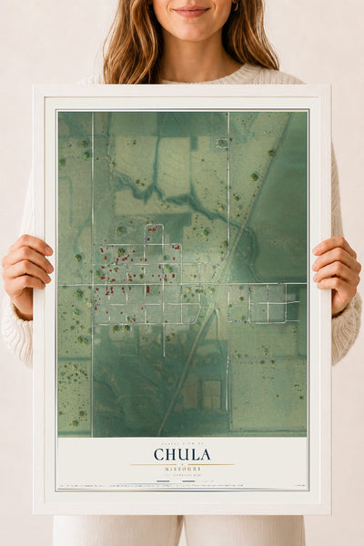 Map of Chula, Missouri, 18 x 24 inch print in a white wood frame