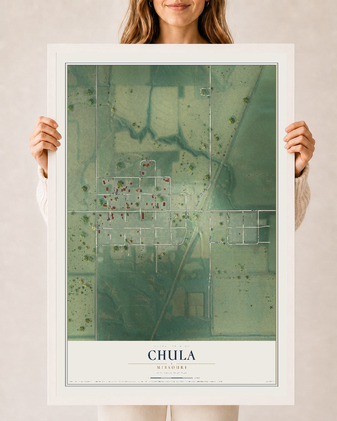 Map of Chula, Missouri, 24 x 36 inch print in a white wood frame