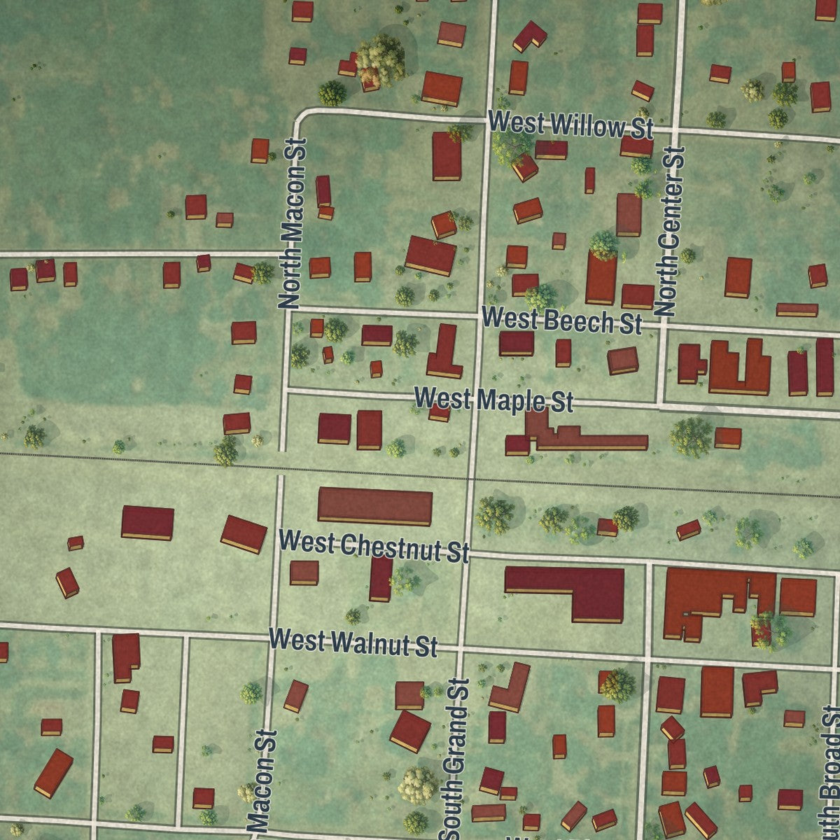 Close-up of the map of Clarence, Missouri print showing street and building detail