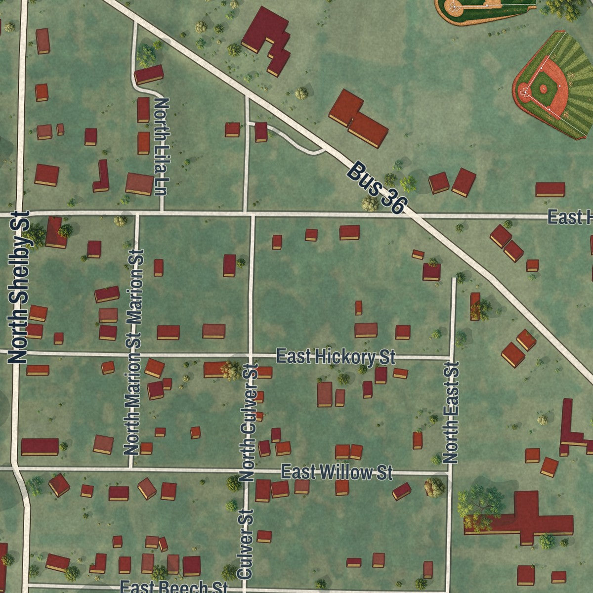 Second close-up of the map of Clarence, Missouri print showing more streets and buildings
