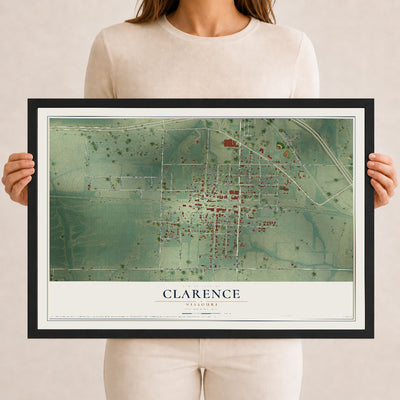 Map of Clarence, Missouri, 12 x 18 inch print in a black wood frame