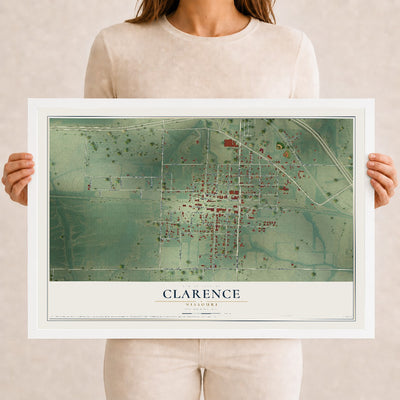 Map of Clarence, Missouri, 12 x 18 inch print in a white wood frame