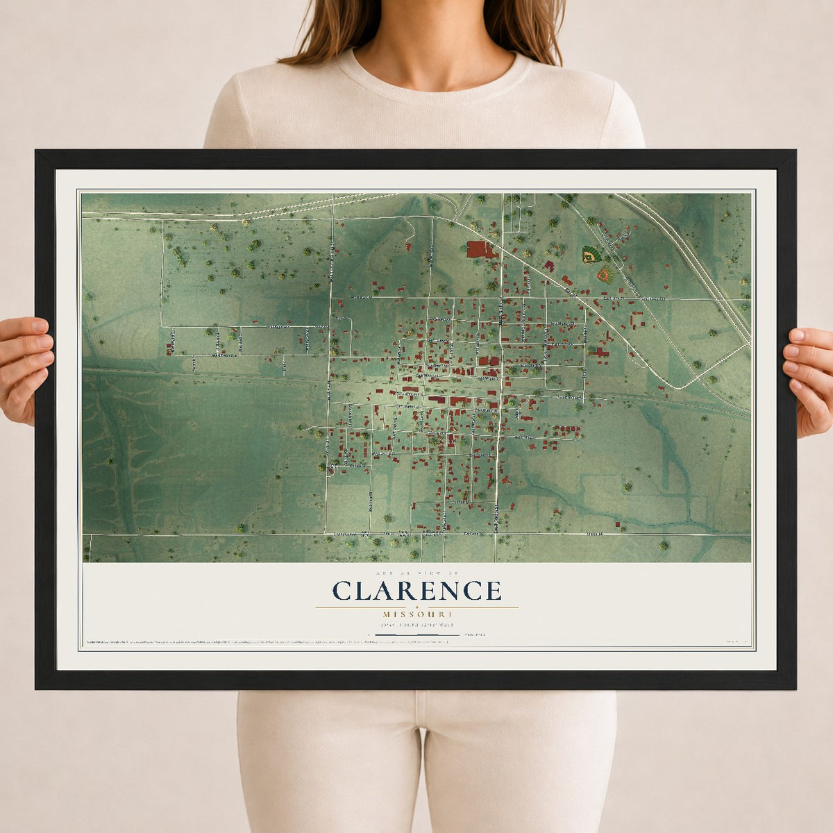 Map of Clarence, Missouri, 18 x 24 inch print in a black wood frame