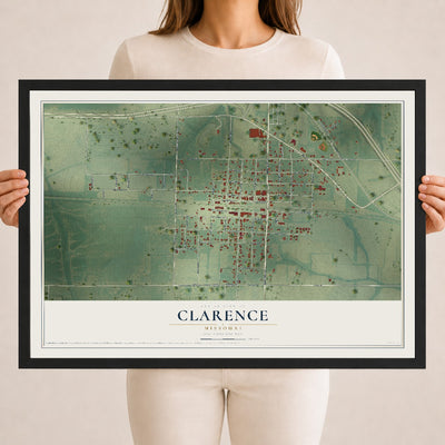 Map of Clarence, Missouri, 18 x 24 inch print in a black wood frame