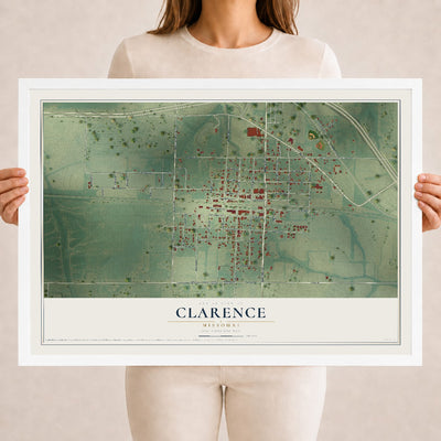 Map of Clarence, Missouri, 18 x 24 inch print in a white wood frame