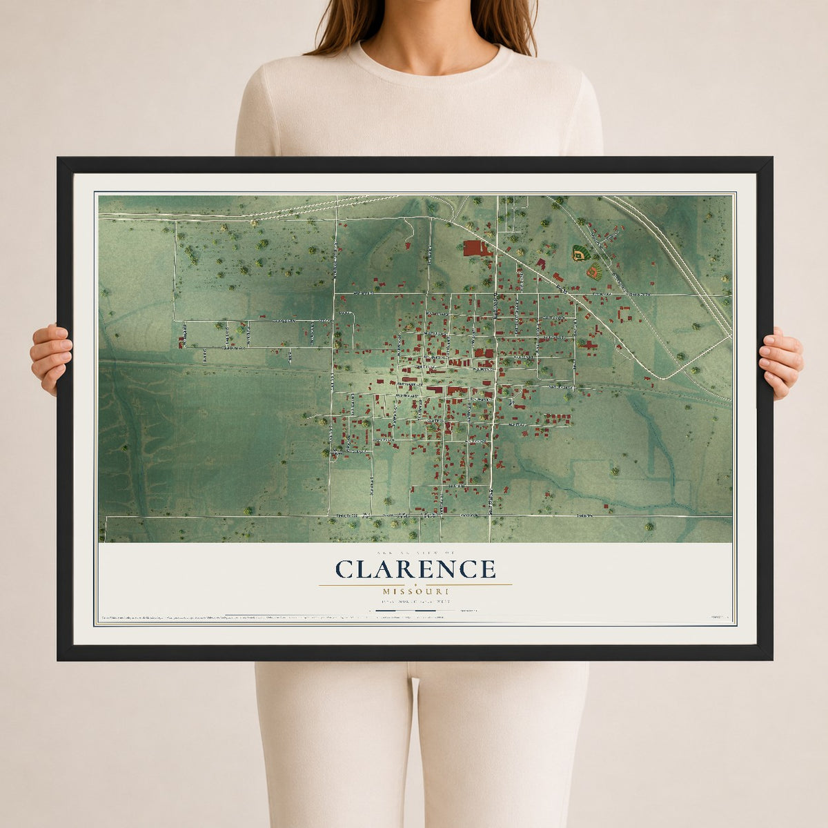 Map of Clarence, Missouri, 24 x 36 inch print in a black wood frame