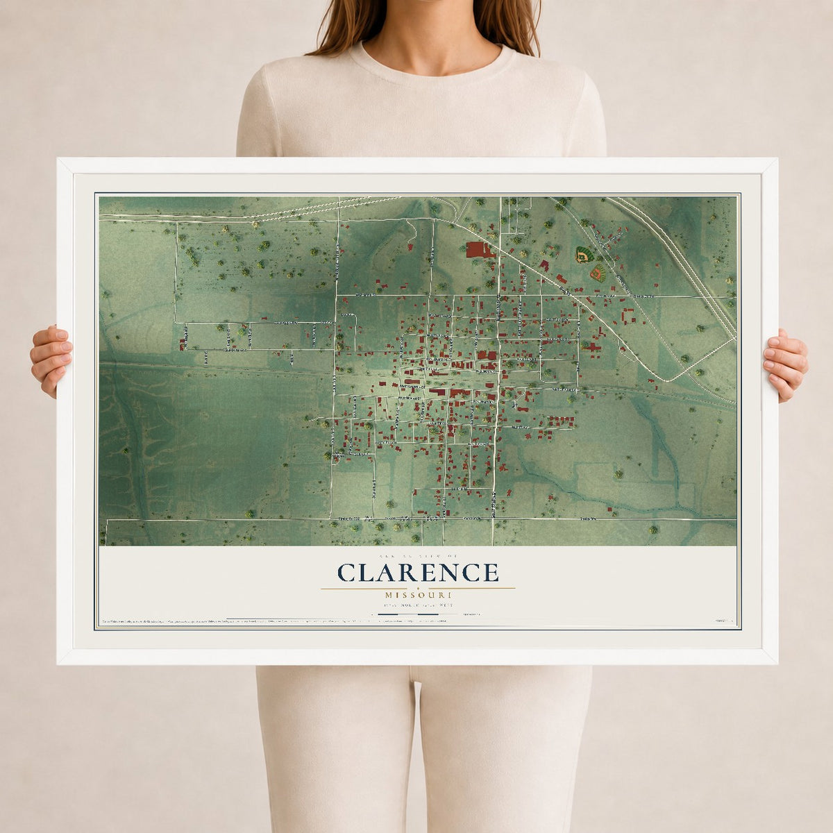 Map of Clarence, Missouri, 24 x 36 inch print in a white wood frame