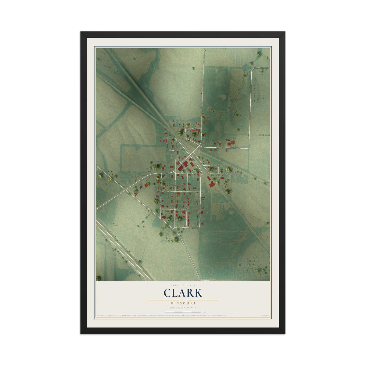 Map of Clark, Missouri, 12 x 18 inch print in a black wood frame