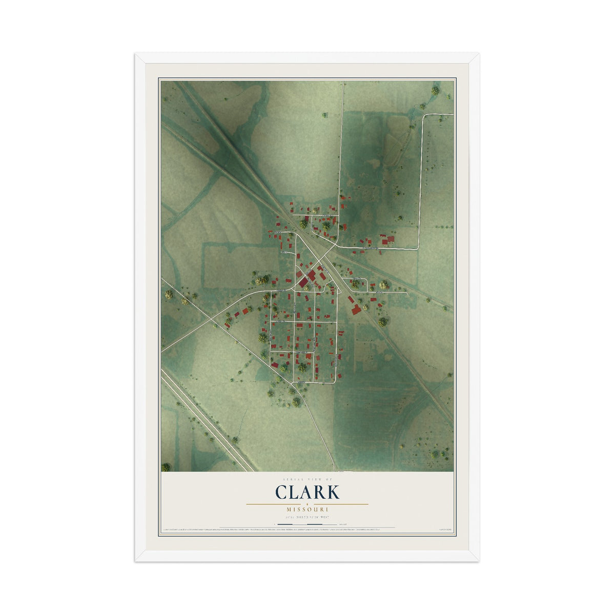 Map of Clark, Missouri, 12 x 18 inch print in a white wood frame