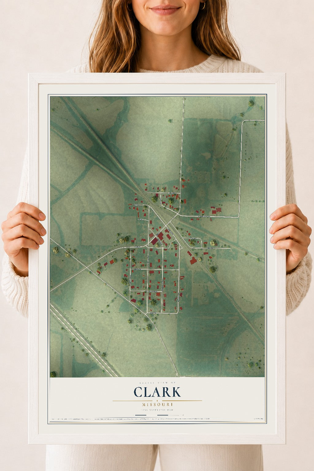 Map of Clark, Missouri, 18 x 24 inch print in a white wood frame