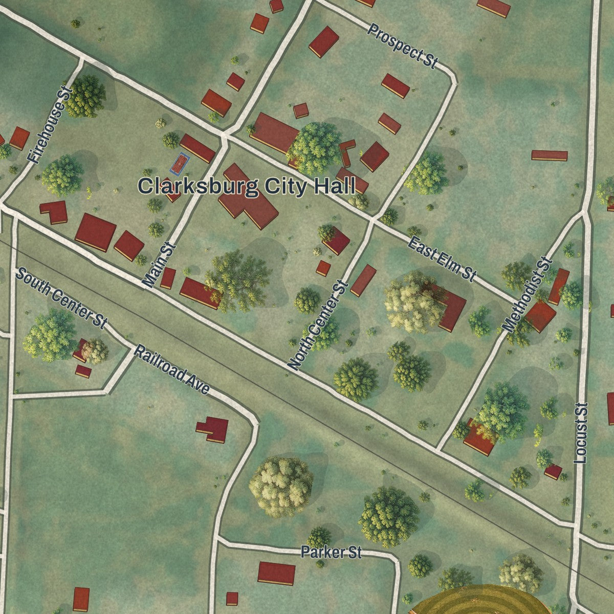 Close-up of the map of Clarksburg, Missouri print showing street and building detail