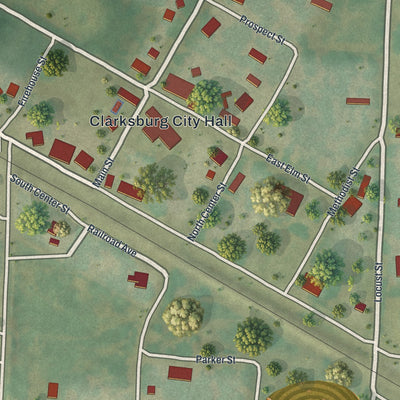 Close-up of the map of Clarksburg, Missouri print showing street and building detail