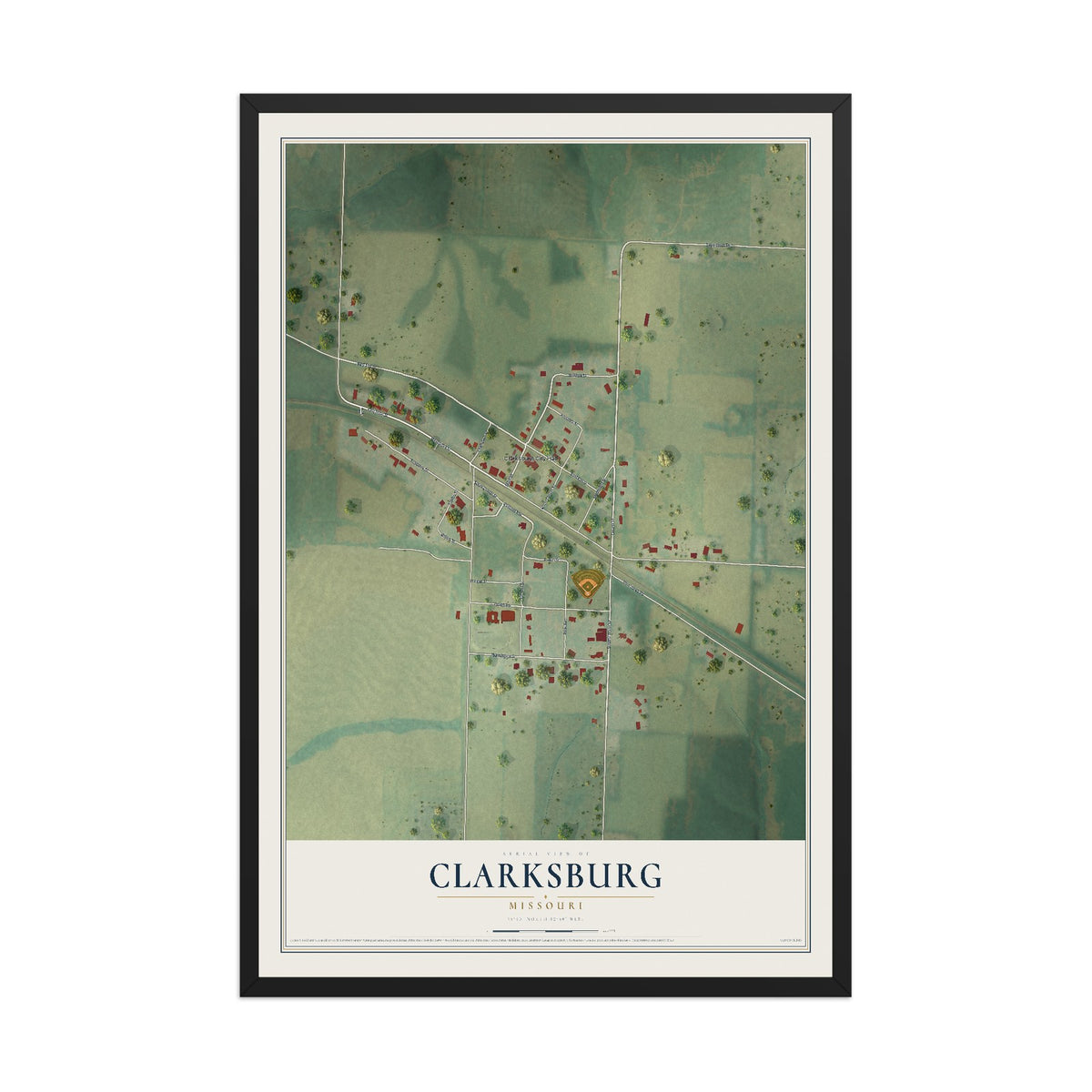 Map of Clarksburg, Missouri, 12 x 18 inch print in a black wood frame
