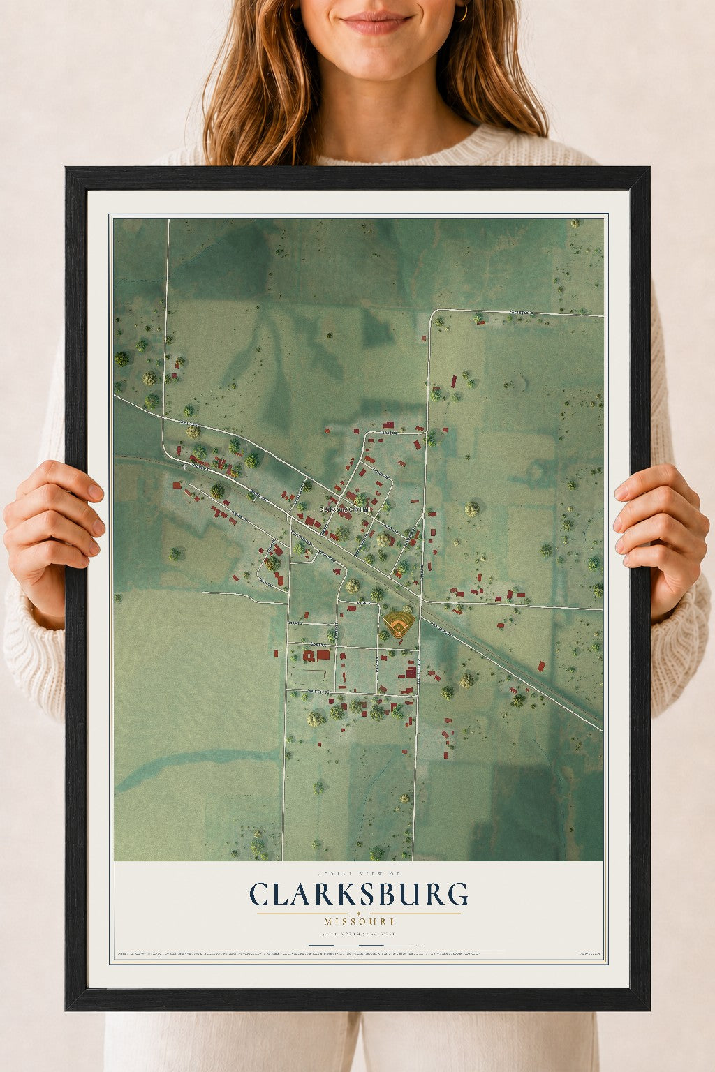 Map of Clarksburg, Missouri, 18 x 24 inch print in a black wood frame