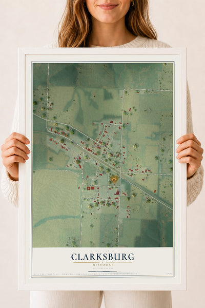 Map of Clarksburg, Missouri, 18 x 24 inch print in a white wood frame