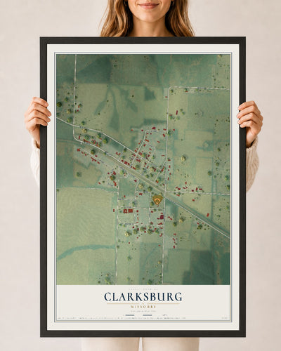 Map of Clarksburg, Missouri, 24 x 36 inch print in a black wood frame