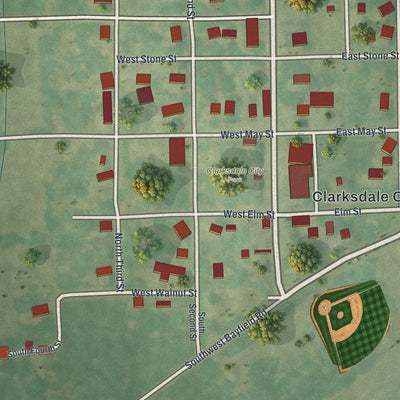 Close-up of the map of Clarksdale, Missouri print showing street and building detail