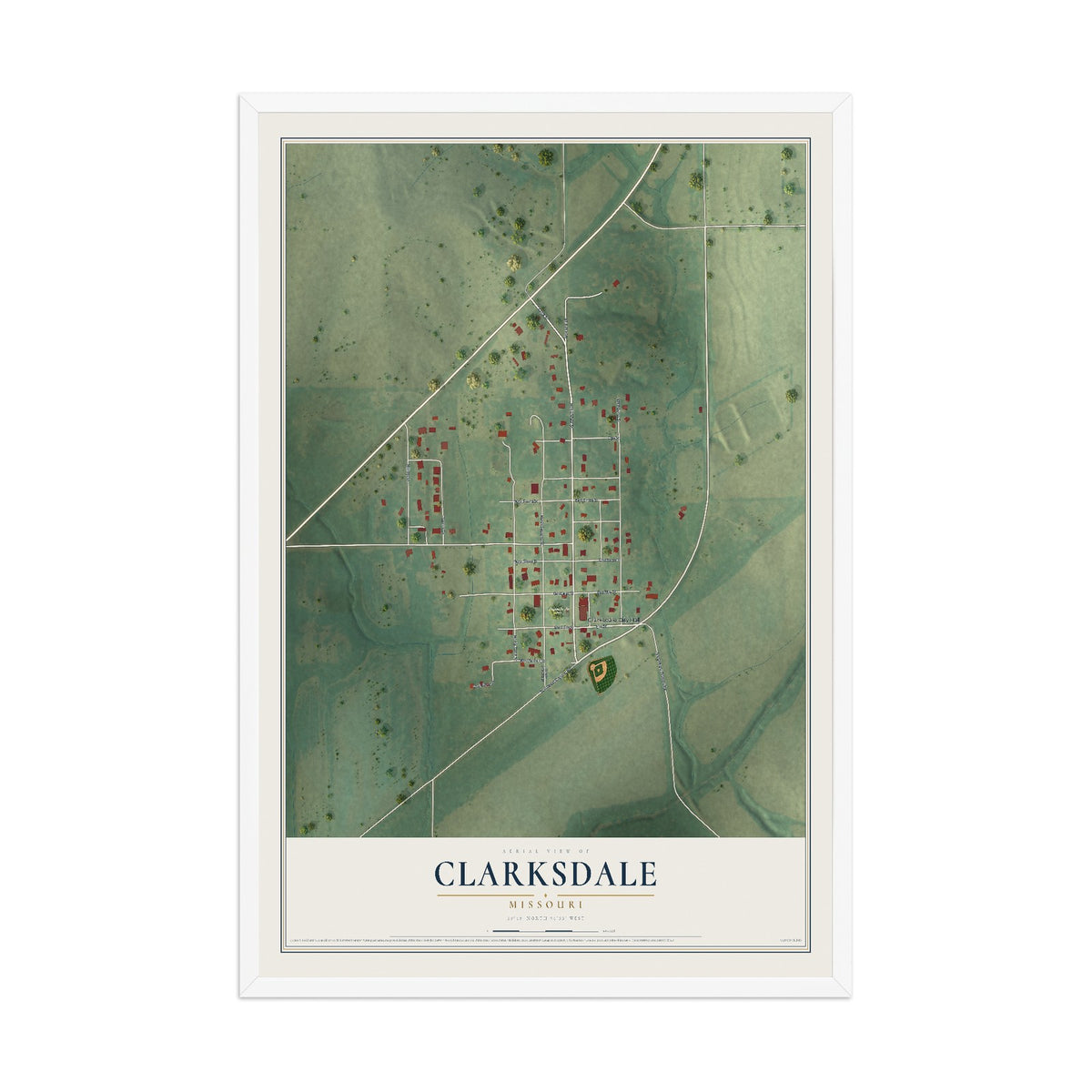 Map of Clarksdale, Missouri, 12 x 18 inch print in a white wood frame
