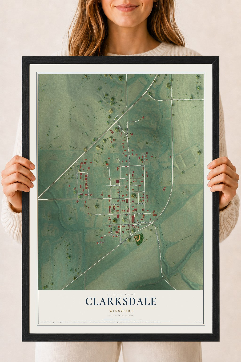 Map of Clarksdale, Missouri, 18 x 24 inch print in a black wood frame