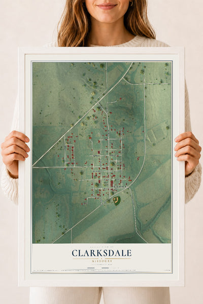 Map of Clarksdale, Missouri, 18 x 24 inch print in a white wood frame
