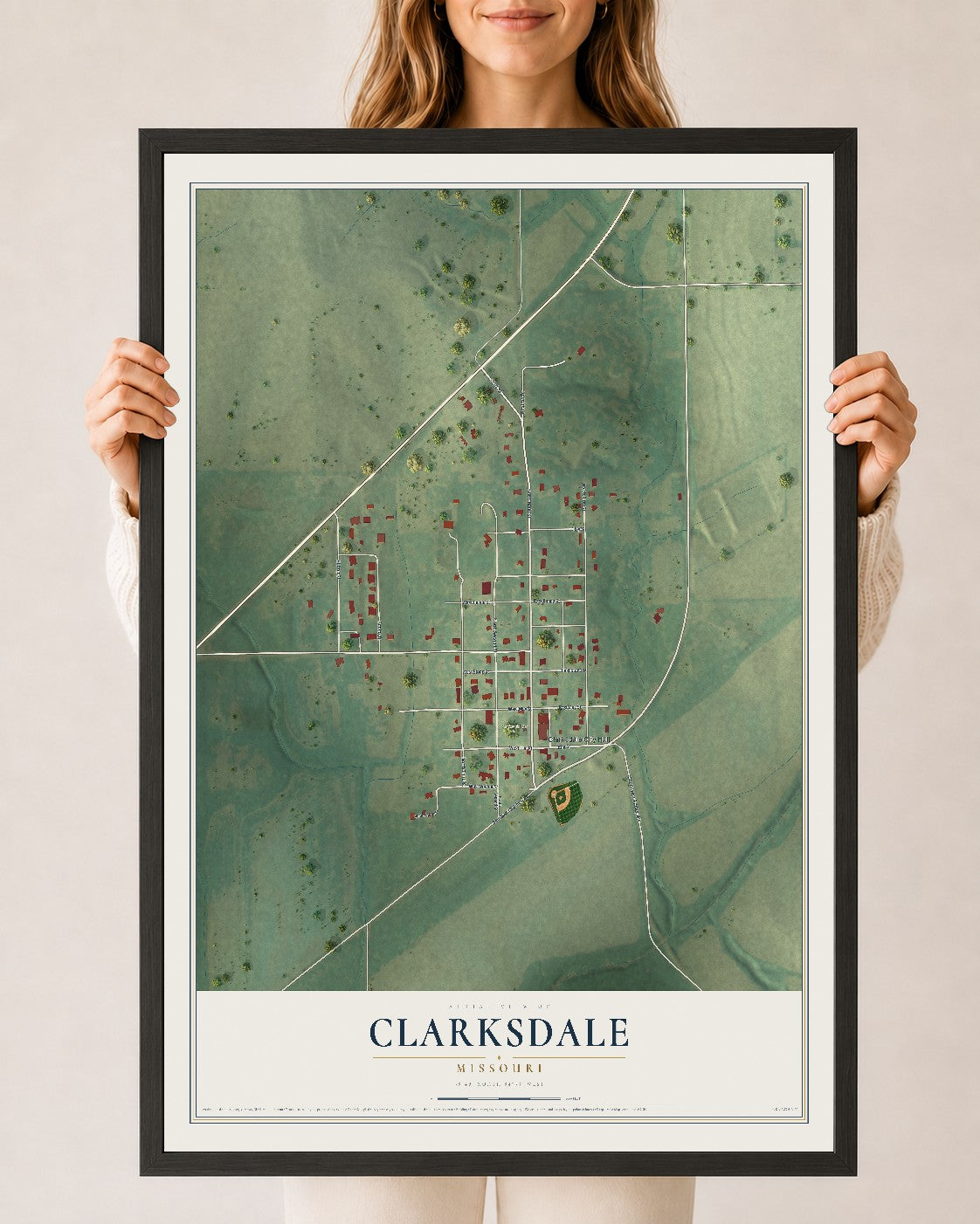 Map of Clarksdale, Missouri, 24 x 36 inch print in a black wood frame
