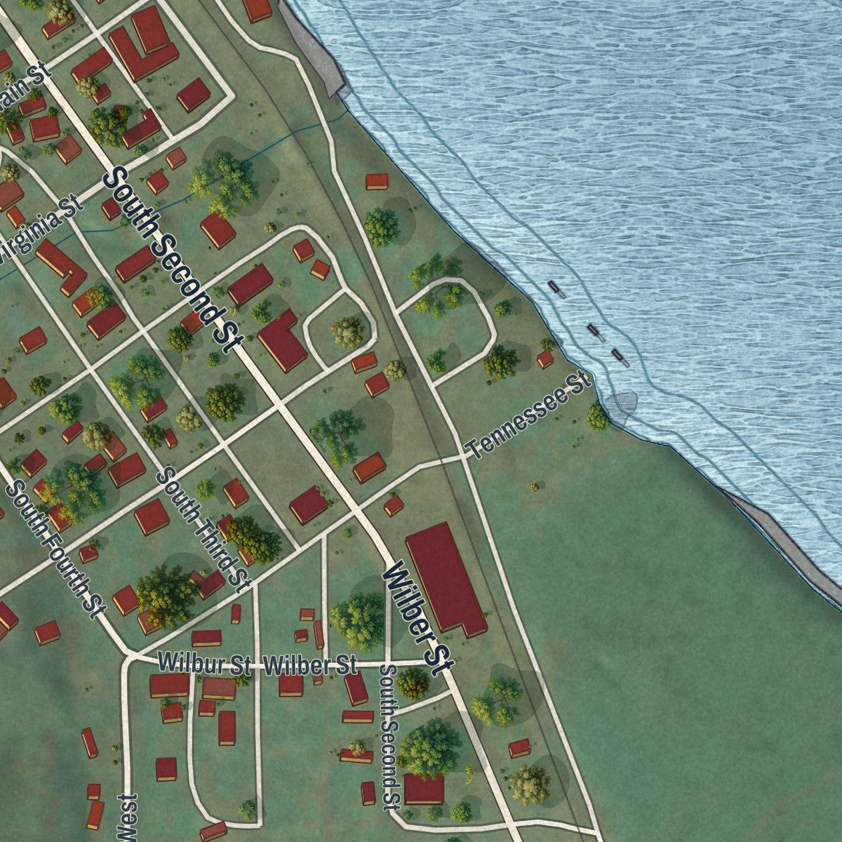 Second close-up of the map of Clarksville, Missouri print showing more streets and buildings
