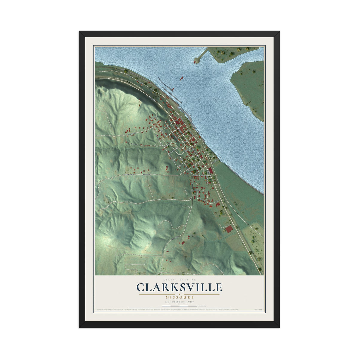 Map of Clarksville, Missouri, 12 x 18 inch print in a black wood frame