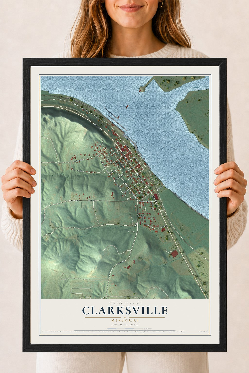 Map of Clarksville, Missouri, 18 x 24 inch print in a black wood frame