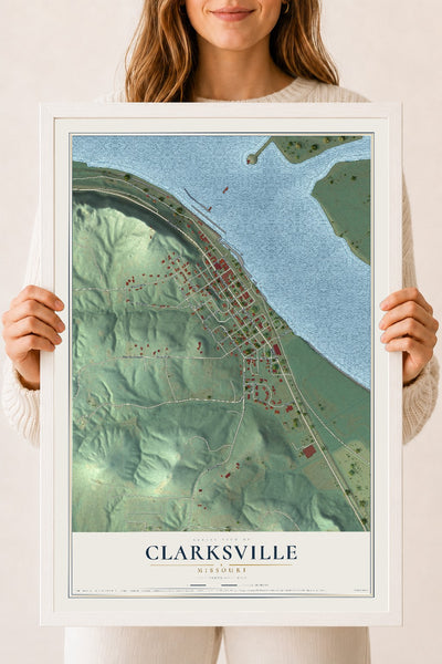 Map of Clarksville, Missouri, 18 x 24 inch print in a white wood frame