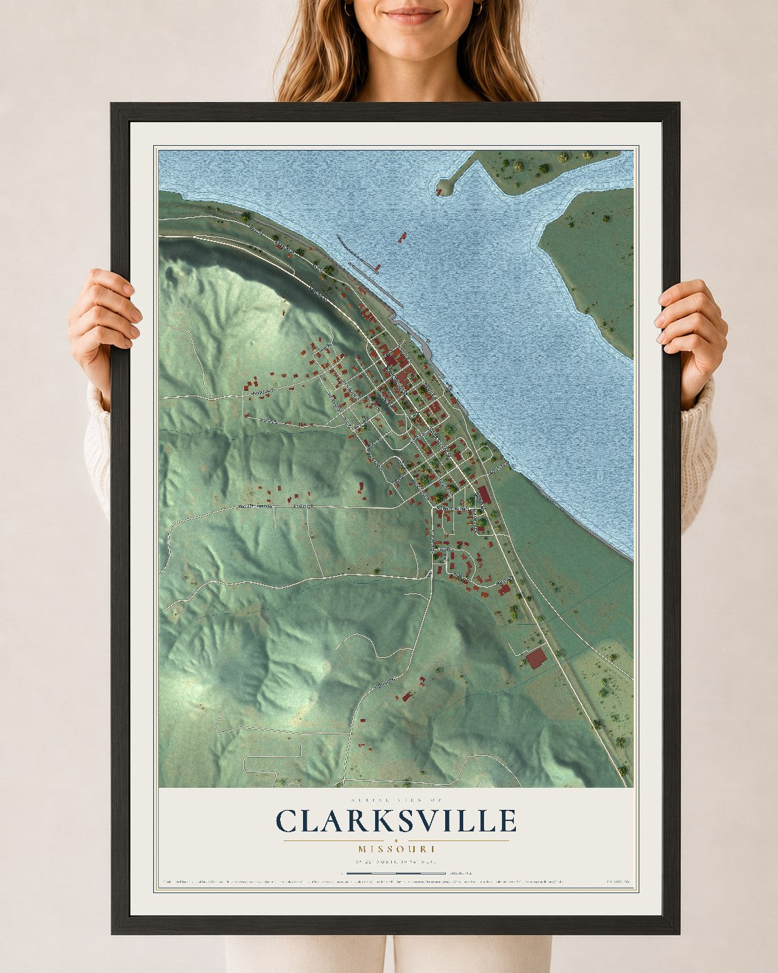 Map of Clarksville, Missouri, 24 x 36 inch print in a black wood frame