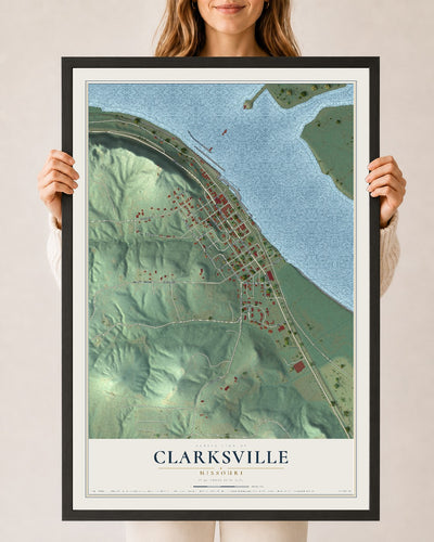 Map of Clarksville, Missouri, 24 x 36 inch print in a black wood frame
