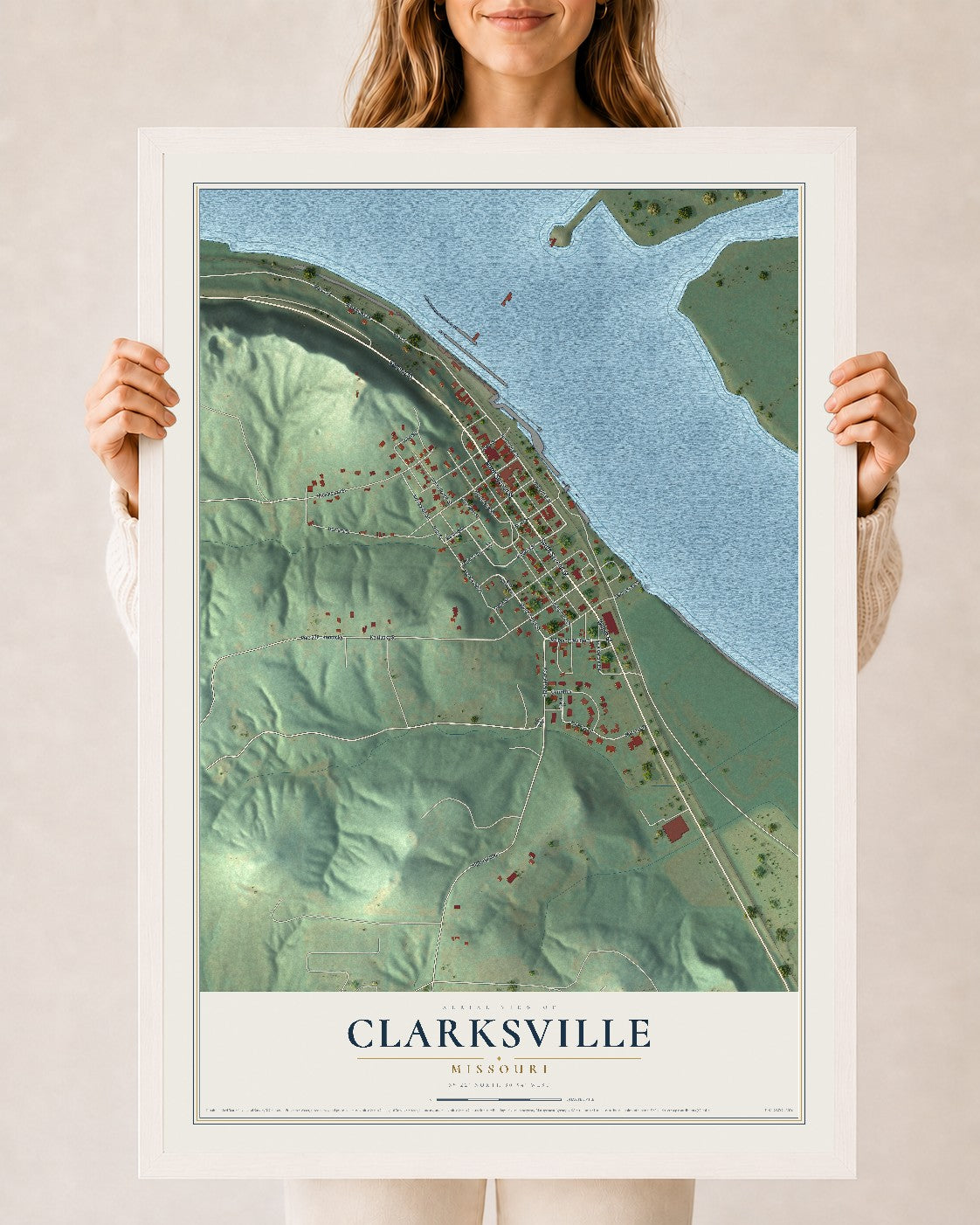 Map of Clarksville, Missouri, 24 x 36 inch print in a white wood frame