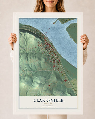 Map of Clarksville, Missouri, 24 x 36 inch print in a white wood frame