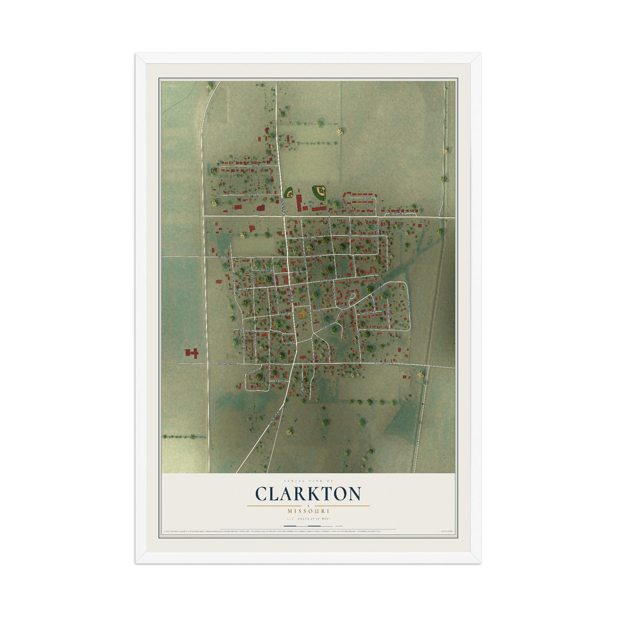 Map of Clarkton, Missouri, 12 x 18 inch print in a white wood frame