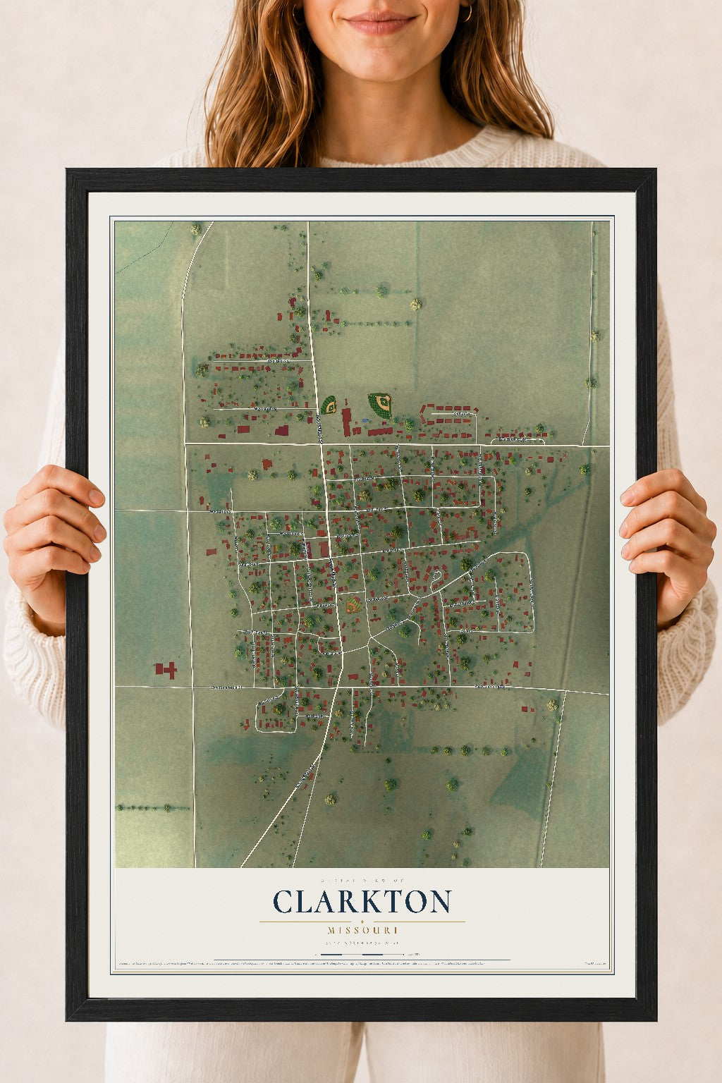 Map of Clarkton, Missouri, 18 x 24 inch print in a black wood frame