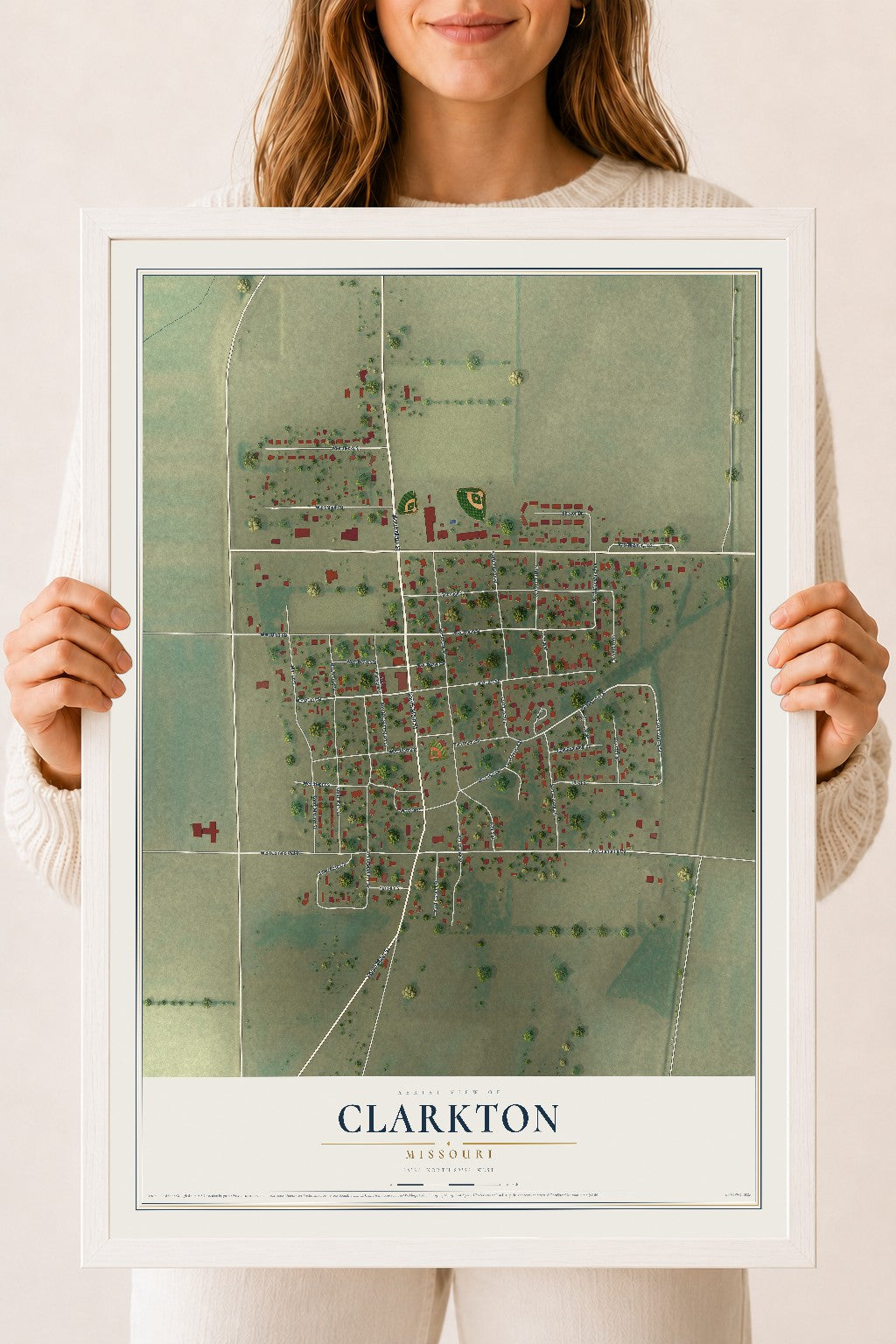 Map of Clarkton, Missouri, 18 x 24 inch print in a white wood frame