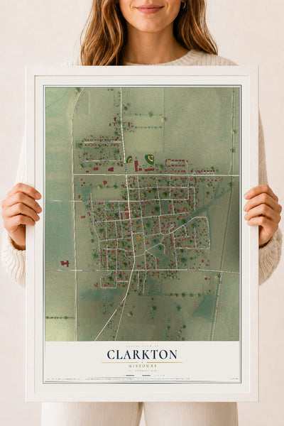 Map of Clarkton, Missouri, 18 x 24 inch print in a white wood frame