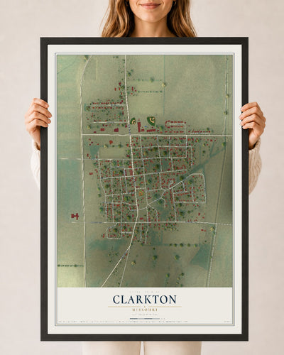 Map of Clarkton, Missouri, 24 x 36 inch print in a black wood frame