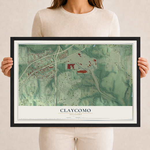 Map of Claycomo, Missouri, 12 x 18 inch print in a black wood frame